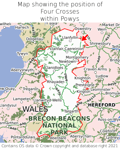 Map showing location of Four Crosses within Powys