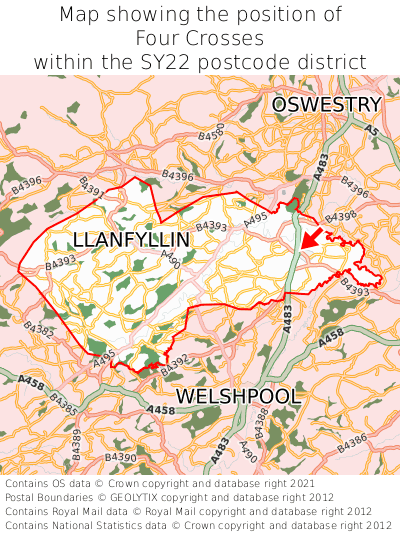 Map showing location of Four Crosses within SY22