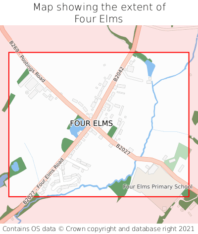 Map showing extent of Four Elms as bounding box