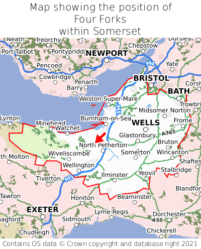 Map showing location of Four Forks within Somerset