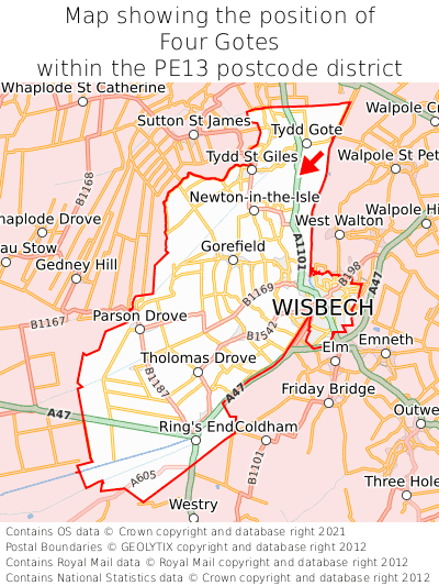 Map showing location of Four Gotes within PE13