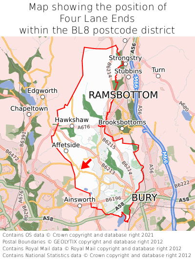 Map showing location of Four Lane Ends within BL8