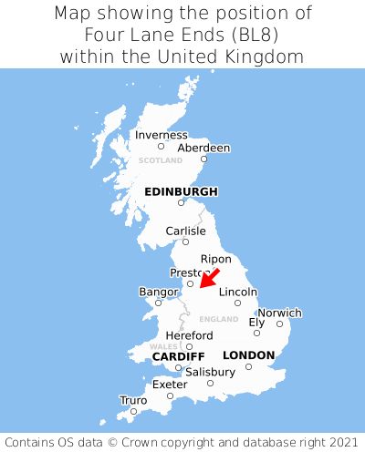 Map showing location of Four Lane Ends within the UK