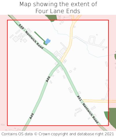 Map showing extent of Four Lane Ends as bounding box