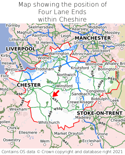 Map showing location of Four Lane Ends within Cheshire