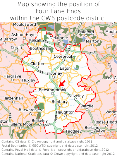 Map showing location of Four Lane Ends within CW6