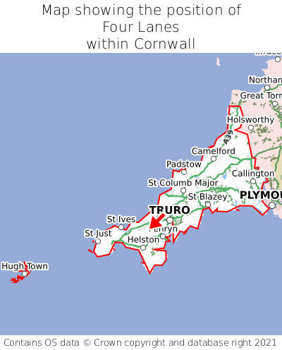Map showing location of Four Lanes within Cornwall