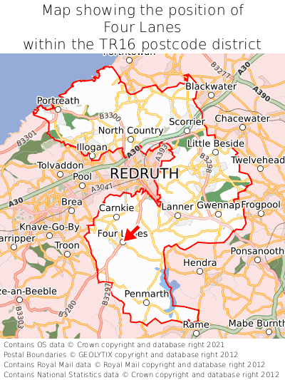 Map showing location of Four Lanes within TR16