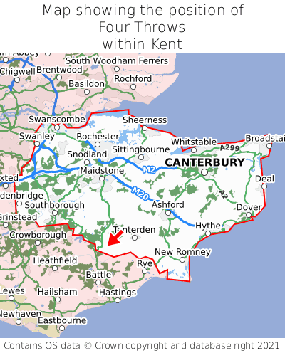 Map showing location of Four Throws within Kent
