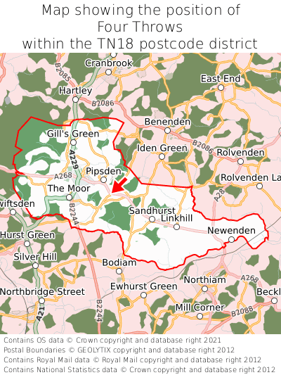 Map showing location of Four Throws within TN18