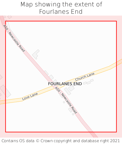 Map showing extent of Fourlanes End as bounding box