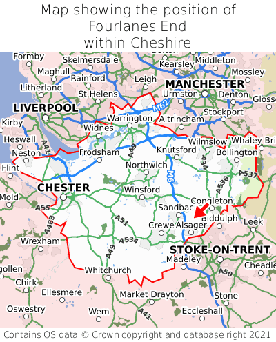 Map showing location of Fourlanes End within Cheshire