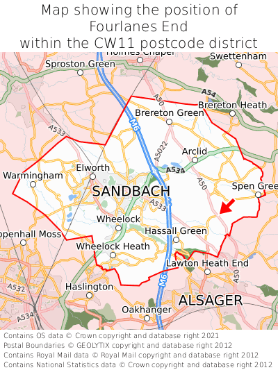 Map showing location of Fourlanes End within CW11