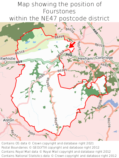 Map showing location of Fourstones within NE47