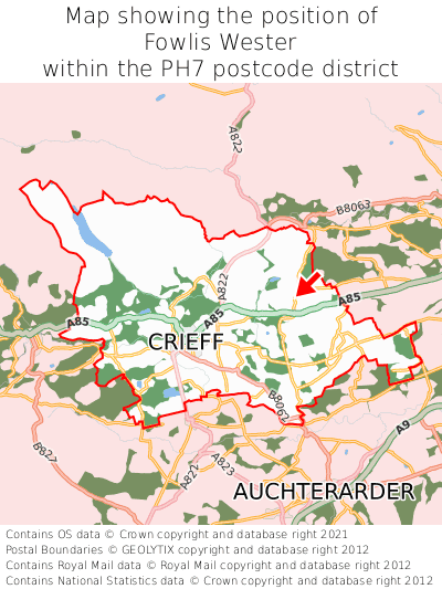 Map showing location of Fowlis Wester within PH7