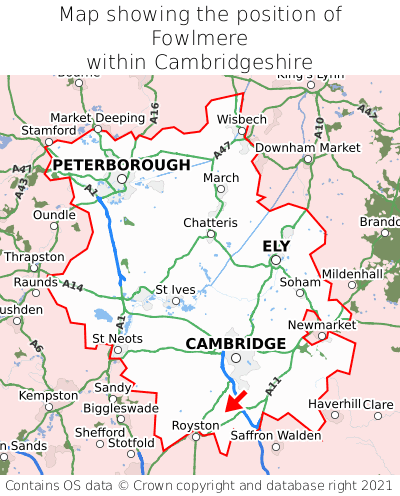 Map showing location of Fowlmere within Cambridgeshire