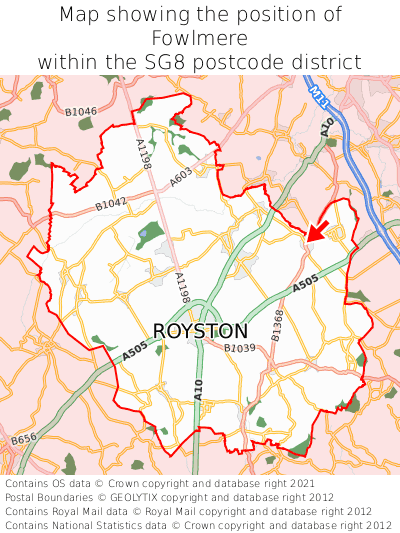 Map showing location of Fowlmere within SG8