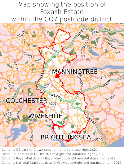 Map showing location of Foxash Estate within CO7