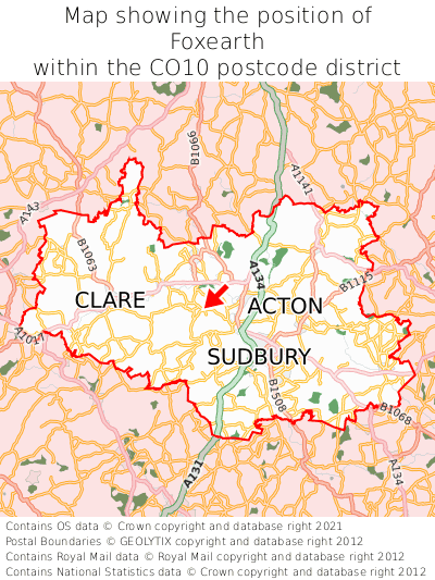 Map showing location of Foxearth within CO10