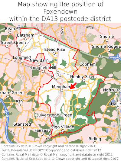 Map showing location of Foxendown within DA13
