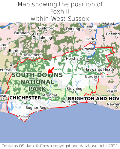 Map showing location of Foxhill within West Sussex