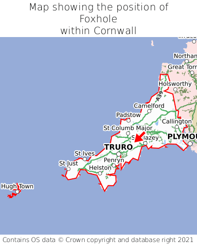 Map showing location of Foxhole within Cornwall