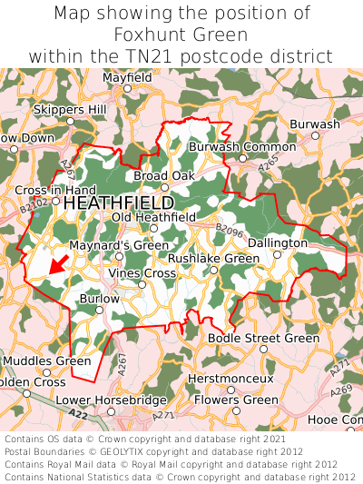 Map showing location of Foxhunt Green within TN21
