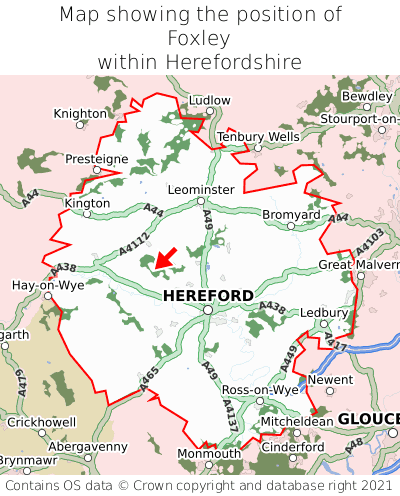 Map showing location of Foxley within Herefordshire