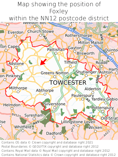 Map showing location of Foxley within NN12