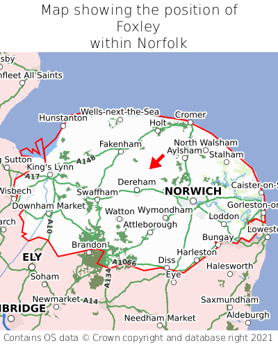 Map showing location of Foxley within Norfolk