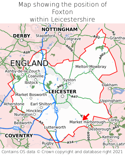 Map showing location of Foxton within Leicestershire