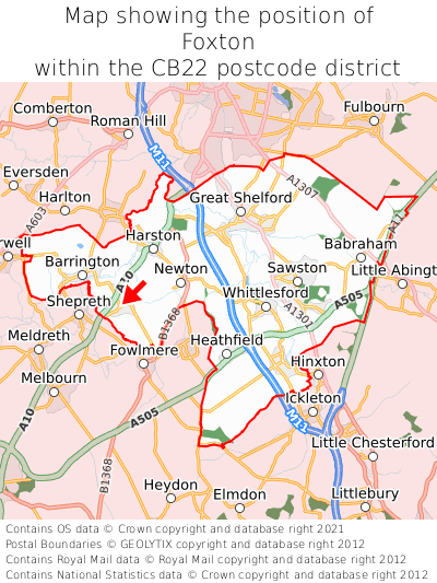 Map showing location of Foxton within CB22