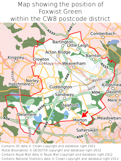 Map showing location of Foxwist Green within CW8