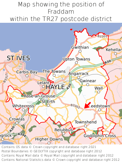 Map showing location of Fraddam within TR27