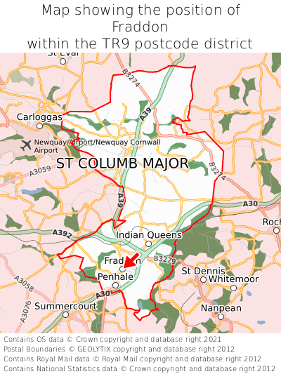 Map showing location of Fraddon within TR9