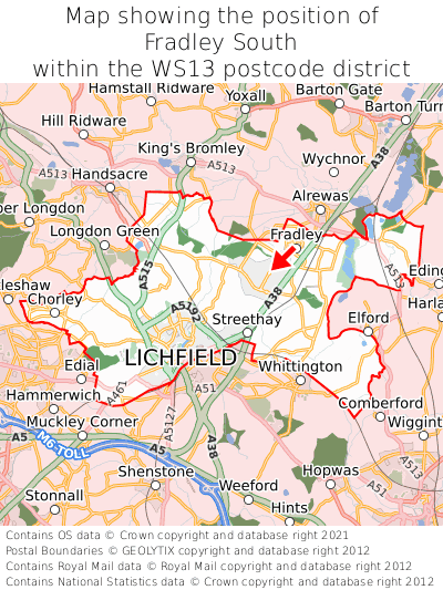 Map showing location of Fradley South within WS13