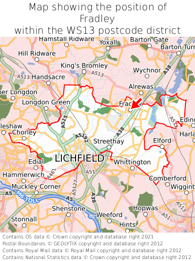 Map showing location of Fradley within WS13