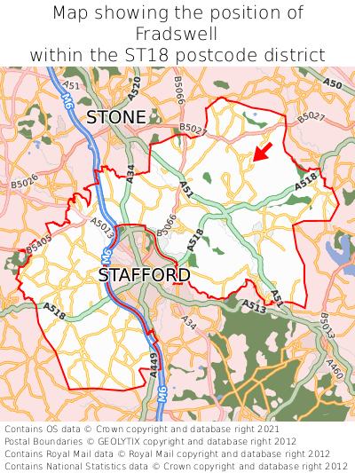 Map showing location of Fradswell within ST18
