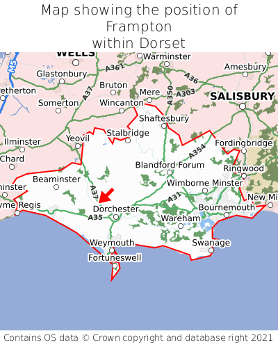 Map showing location of Frampton within Dorset