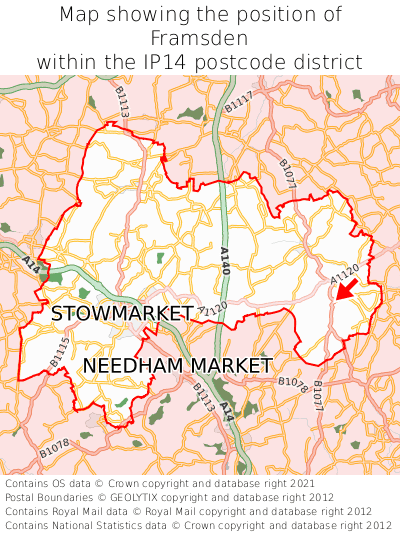 Map showing location of Framsden within IP14