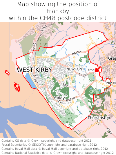 Map showing location of Frankby within CH48