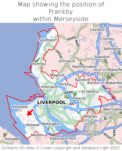 Map showing location of Frankby within Merseyside