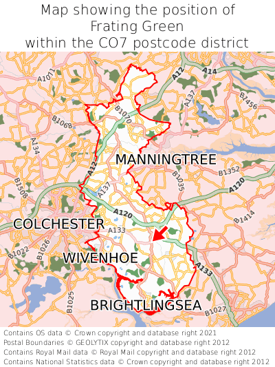 Map showing location of Frating Green within CO7