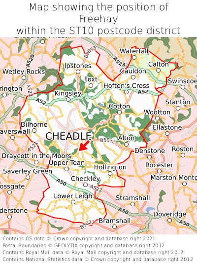 Map showing location of Freehay within ST10