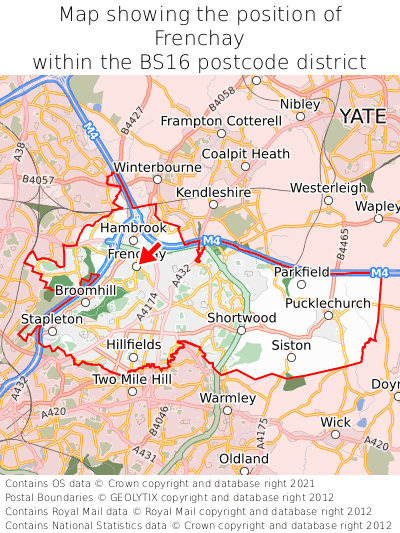 Map showing location of Frenchay within BS16