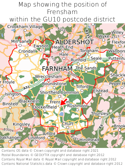 Map showing location of Frensham within GU10