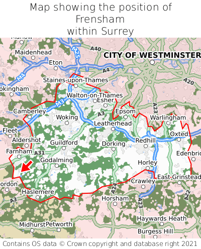 Map showing location of Frensham within Surrey