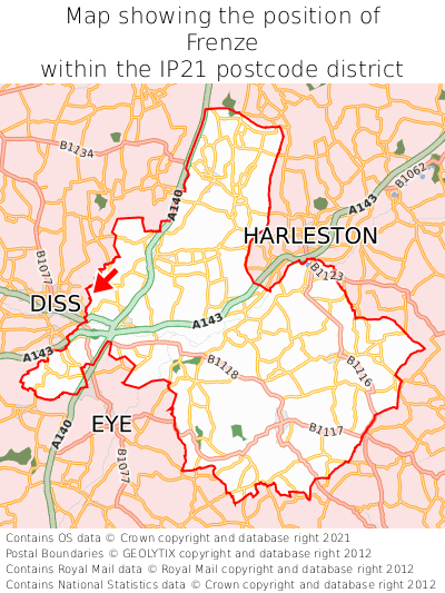 Map showing location of Frenze within IP21