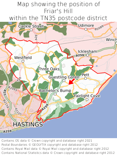 Map showing location of Friar's Hill within TN35