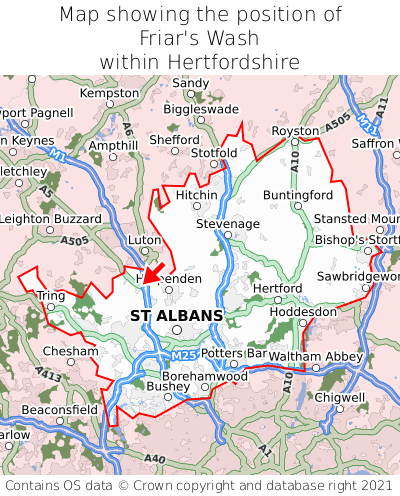 Map showing location of Friar's Wash within Hertfordshire